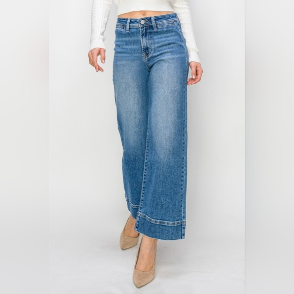 RISEN Wide Leg Flare Bell Bottom High-Rise Waist Jeans Retro Classic Denim Pants - Picture 2 of 12